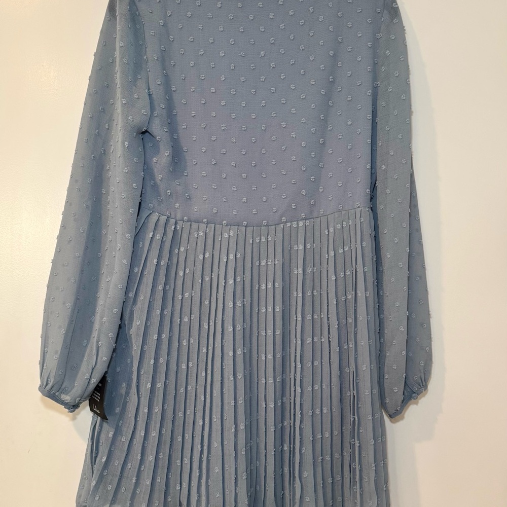 NWT Lulus Dusty Blue Swiss Dot Sheer Long Sleeve Pleated Mini Dress, Sz M - Picture 3 of 10